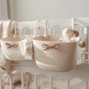 Wholesale Cotton Rope Crib Basket Nursery Diaper Storage Bag Crib Hanging Bins Newborn Bed Hanging Organizer Pocket