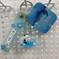 Porte-clés en acrylique personnalisable en gros, avec liquide flottant 3D, paillettes brillantes, motif de dessin animé imprimé par sérigraphie, tendance