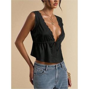 FOXA Women's Tie Front Deep V Neck Lace Trim Sleeveless Satin <b>Crop</b> <b>Top</b> - Product Image 2