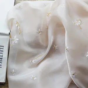 Tecido bordado de cetim brilhante de verão para vestido, tecido de chiffon com glitter e organza brilhante