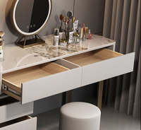 Meuble-lavabo moderne blanc avec tiroirs, grand rangement, table de maquillage, éclairage de salle à manger, station de charge, design modulaire et pliable