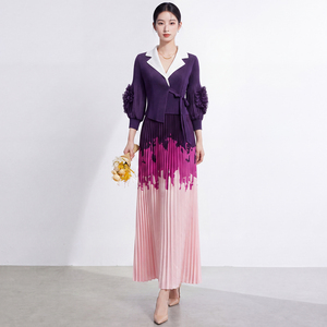 Robe midi plissée pour femme, coupe trapèze, tissée, nouvelle mode Miyake, élégante, dégradé de couleurs, décontractée, taille naturelle, pour le bureau et les soirées - Product Image 1