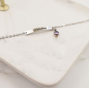 Bracciale Personalizzato con Ciondolo a Barra con Pietra Portafortuna, Nome e Data, in Acciaio Inossidabile, Gioiello Vuoto per Regalo Migliore Amica - Product Image 5