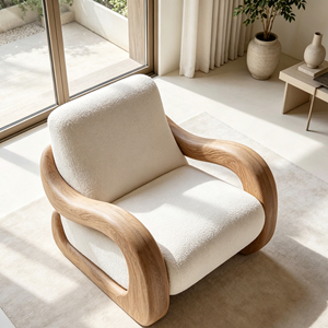 <span class=keywords><strong>Fauteuil</strong></span> individuel blanc en bouclette avec structure en fibre de verre à grain de bois courbé pour espace de vie moderne - Product Image 2