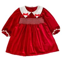 Robe-bodysuit en velours smocké rouge à col Claudine pour bébés filles, tenue de Noël assortie pour frères et sœurs