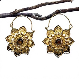 <b>Gold</b> Plated Flower Shape Tribal Boho Hoop Earrings Religious Style Tiger Hoop with <b>Number</b> Pattern - Product Image 1