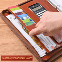 Porte-documents multifonctionnel en cuir PU A4 avec logo personnalisé, fermeture éclair, calculatrice, porte-cartes de visite et anneaux de reliure