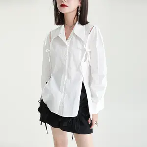 Blusa blanca de manga larga con solapa para mujer, camisa de manga larga con hombros descubiertos, corte Irregular, estilo de diseñador