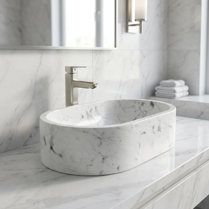 Lavabo sur comptoir en marbre blanc, design ovale moderne, pierre naturelle, poli, pour hôtel et villa - Product Image 1