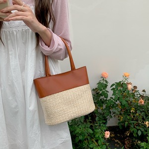Summer Straw Tote <b>Bag</b> Brown White <b>Patchwork</b> Weaving Magnetic Buckle Everyday Outfits Spring 2024 - Product Image 3