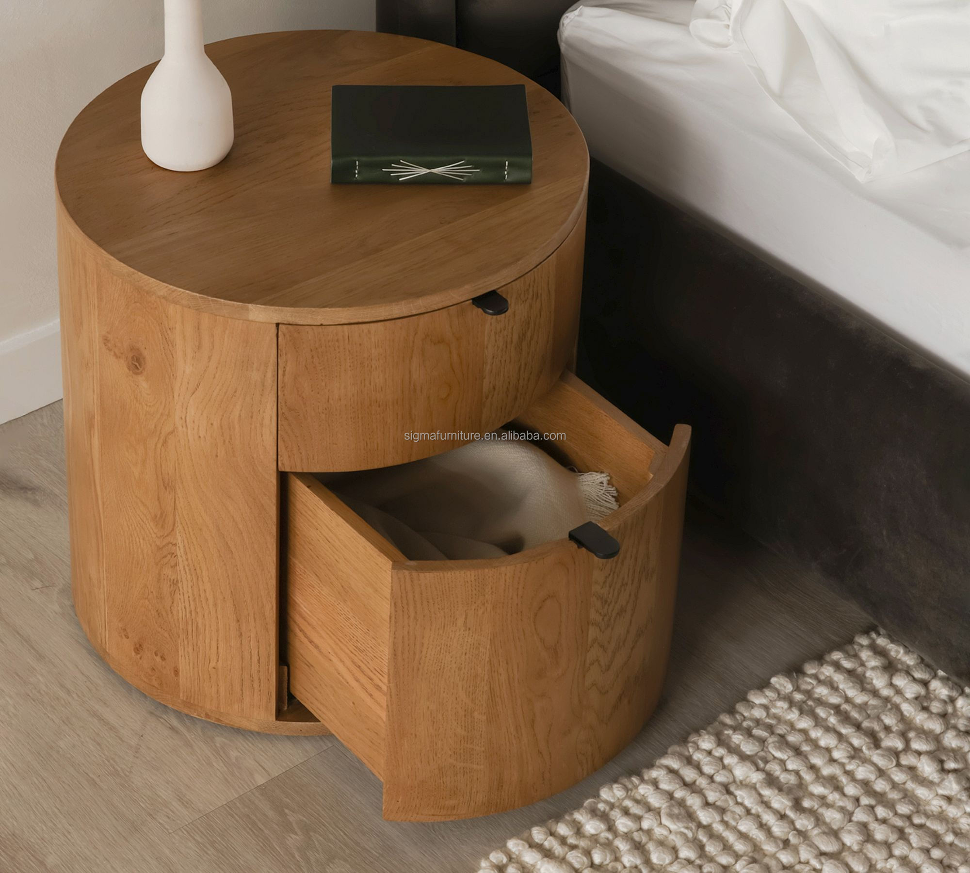 Luxury modern solid wood 2-drawer round bedroom bedside table cabinet nightstand