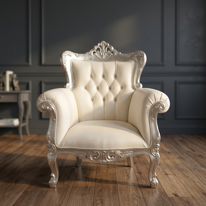 Sillón de Estilo Europeo Antiguo con Acabado Plateado, Madera de Caoba Sólida, Tapizado en Cuero Sintético, Mueble para Sala de Estar - Product Image 3
