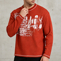 T-shirt à manches longues en tricot gaufré pour homme, imprimé graphique décontracté, pull rétro streetwear, t-shirt thermique en coton