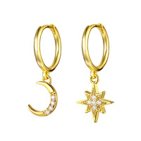 Pendientes de Aro de Plata de Ley 925 con Diseño de Luna, Estrella y Corazón, Chapados en Oro de 18K, para Mujer