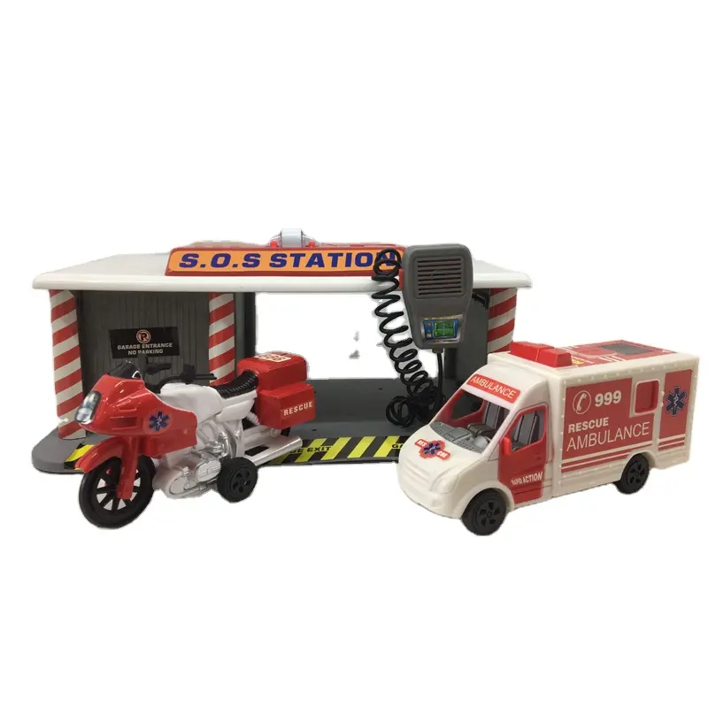 Ambulans seti sürgülü araba park yeri oyuncak ışık ile ses SOS istasyonu ambulans motosiklet seti oyuncaklar çocuklar için