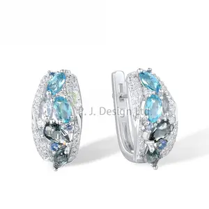 2022 Newest Pretty Blue Geometric Fashion 925 Sterling Silver Pierce Earrings Blue Glass Blue Spinel White CZ for Wedding