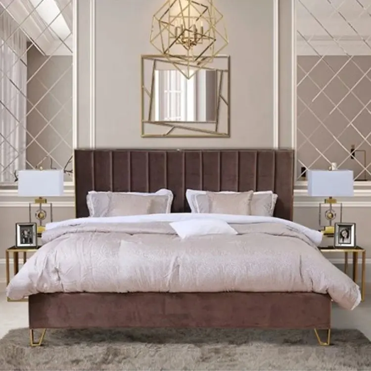 King size venda quente mais recente moderno barato alta cama tufados tira de couro marrom de luxo jogo de quarto de cama