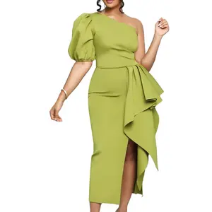 European and American Women's 2023 Summer New Style Temperament Waist Wrapped Bubble Sleeve Banquet Split Dress Skirt