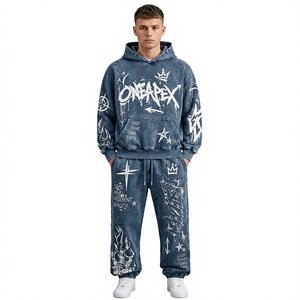 Ensemble survêtement homme bleu graffiti oversize : sweat à capuche et pantalon de jogging, tenue décontractée deux pièces style streetwear One Apex - Product Image 1