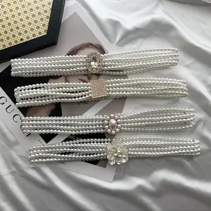 Women Fashion Pearl Beaded Elastic Waist Belts For Dresses With Ally Buckle Ladies Flower Crystal Belt