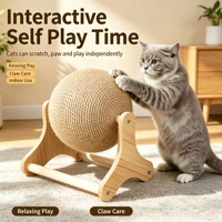 Balle à gratter rotative en sisal pour chat avec support en bois massif – Jouet vertical d'intérieur pour le nettoyage des griffes et l'auto-entretenissement du chat
