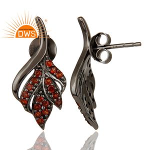 Unique Leaf Design Black Oxidized Solid <b>Silver</b> <b>Stud</b> Earrings Pave Set Garnet Gemstone Earrings Jewelry Supplier - Product Image 3
