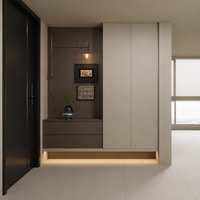 Meuble de rangement d'entrée moderne style crème avec compartiments à chaussures de taille personnalisable, éclairage d'accentuation LED et portes décoratives