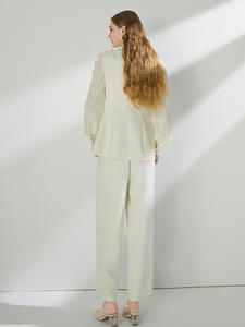 Completo Blazer Bianco Crema da <span class=keywords><strong>Donna</strong></span> con Decorazioni 3D, Maniche Plissettate e Pantaloni a Gamba Larga, Elegante Outfit Formale per Affari e Cene - Product Image 5