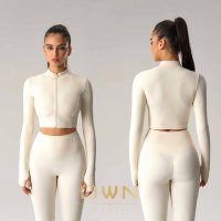 Mujer de manga larga deportes Yoga otoño primavera recortada Top con capucha Slim Fit cintura ceñida transpirable patrón cremallera chaqueta