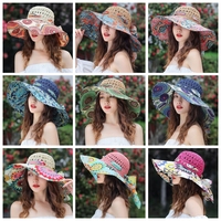 Chapeau de paille bohème ethnique pour femme, style tendance, imprimé totem, patchwork, chapeau bob, chapeau de plage pare-soleil pour influenceuses