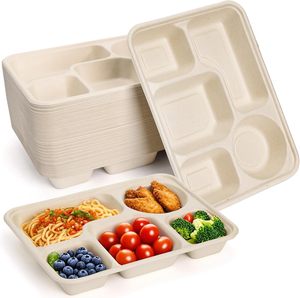 Emballage alimentaire à emporter écologique, biodégradable, durable, jetable, boîte à lunch à 4 compartiments, plateau repas en bagasse avec couvercle - Product Image 1