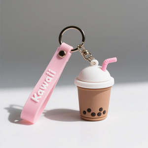 Custom Design 3D PVC Rubber Silicone Tapioca Milk Tea Keyring Bag Pendant Keychains
