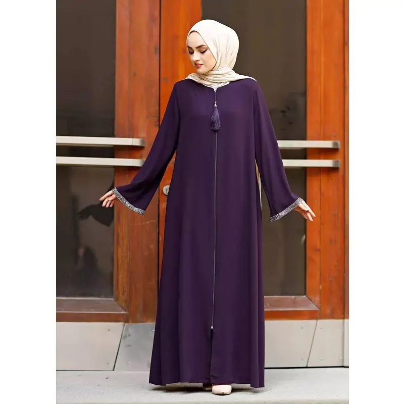 Malaio Manga Longa Abaya OEM/ODM Muçulmano Tripulação Pescoço Vestido Turco Oriente Médio Dubai Jalabiya Zipper Cardigan Robe