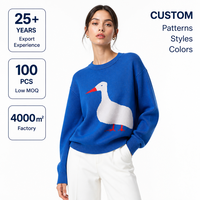 Pull en tricot blanc à motif canard mignon pour femme, bleu roi, style coréen vintage, à manches longues