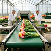 Convoyeur à bande plat modulaire industriel pour ligne de production de traitement des fleurs, compatible avec la découpe et le regroupement