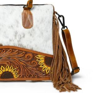 High Quality Lightweight Sunflower Hand Toolled Genuine Leather Women's Elegant Vintage Tote <b>Bag</b> with Zipper Closure for <b>Summer</b> - Product Image 2