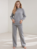 Ensemble deux pièces décontracté pour femme : pull chaud et polyvalent en laine unie brodée, col rond, tricoté, coupe ample à manches longues