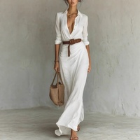 Robe longue décontractée vintage pour femme à manches longues, col boutonné, ceinture à la taille naturelle, froncée, coupe irrégulière, style automne, luxe discret