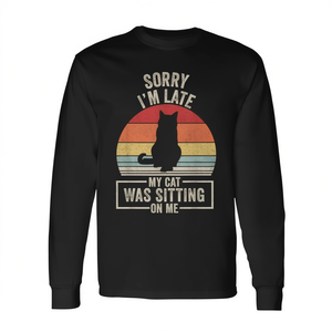 Camiseta vintage retro de manga larga, lo siento por estar tarde, mi gato estuvo sentado encima de mí, regalo para amantes de los gatos, ropa unisex - Product Image 2