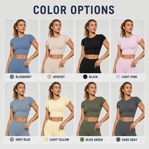Haut court de sport pour femme 250 GSM, très élastique, sculptant le corps, col rond, manches courtes, t-shirt athlétique pour le yoga, la gym et la course à pied - Product Image 4