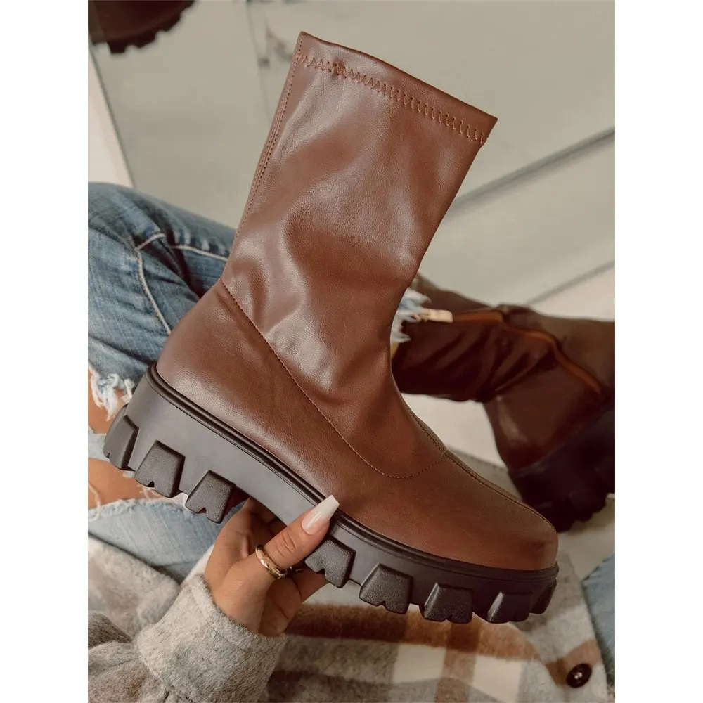 Black Friday Wholesale High Quality Chunky Thick Soled Platform Ladies Round Toe Ankle Boots Brown Side Zipper PU Women Boots