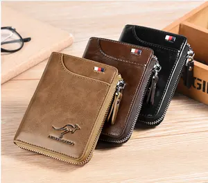 Cartera de cuero genuino para hombre a la moda 2021, tarjetero para hombre, monedero con cremallera, billetera RFID antirrobo para hombre