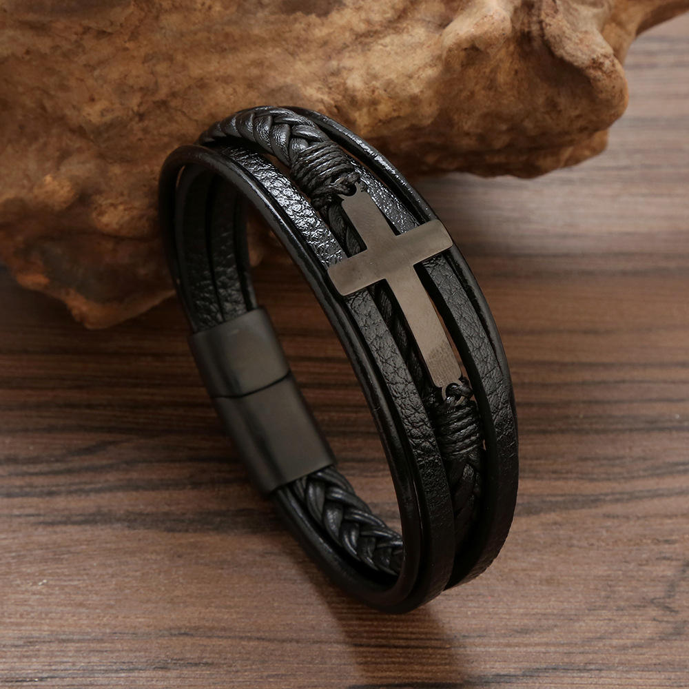 KOMI Mens Black Leather Bracelet Multi-Layer Braided Leather