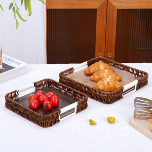 Plateau de service en <span class=keywords><strong>rotin</strong></span> à fond en bois avec poignées, plateau alimentaire empilable en osier pour pain, fruits et cuisine rustique - Product Image 4