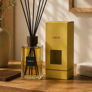 Aikun Large Capacity Amber Square Glass <b>Reed</b> <b>Diffuser</b> Set with Black Rattan Sticks for Home Hotel Spa Gift Set Wholesale OEM - Product Image 1