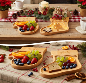 Factory Direct Custom Christmas Wood Serving Tray, <b>Engraved</b> Glove Stocking Shaped Platter, Bulk Wholesale for Holiday Party - Product Image 3