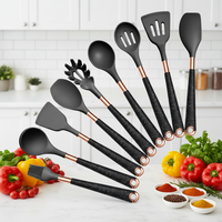 Set Peralatan Dapur 9 Buah dari Silikon Hitam Berkualitas Makanan, Anti Selip, Tahan Suhu Tinggi, dengan Spatula dan Sendok Anti Lengket