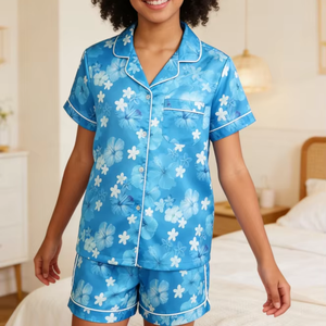 Set Pigiama Corto in Raso Blu Hawaiian Daze per Bambine, Set Abbigliamento da Notte per Bambini - Product Image 1