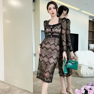 ZYHT 20216 Shipping Today Spring Long Sleeve Dresses Knee Length Bodycon Club Party Dress Women Clothing Casual Lace Dresses