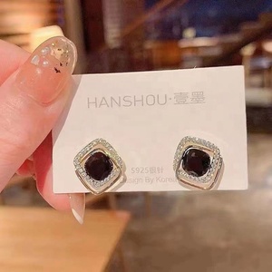 Boucles d'oreilles clous carrées double couche en alliage de zinc plaqué or, style coréen, avec diamant bleu, pour femmes et jeunes filles, bijoux de fête - Product Image 6